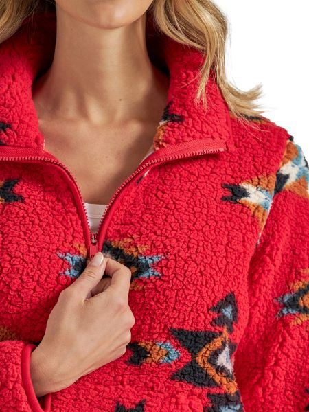 Wrangler Retro Tango Red Aztec Print Women's Sherpa Pullover 112339245