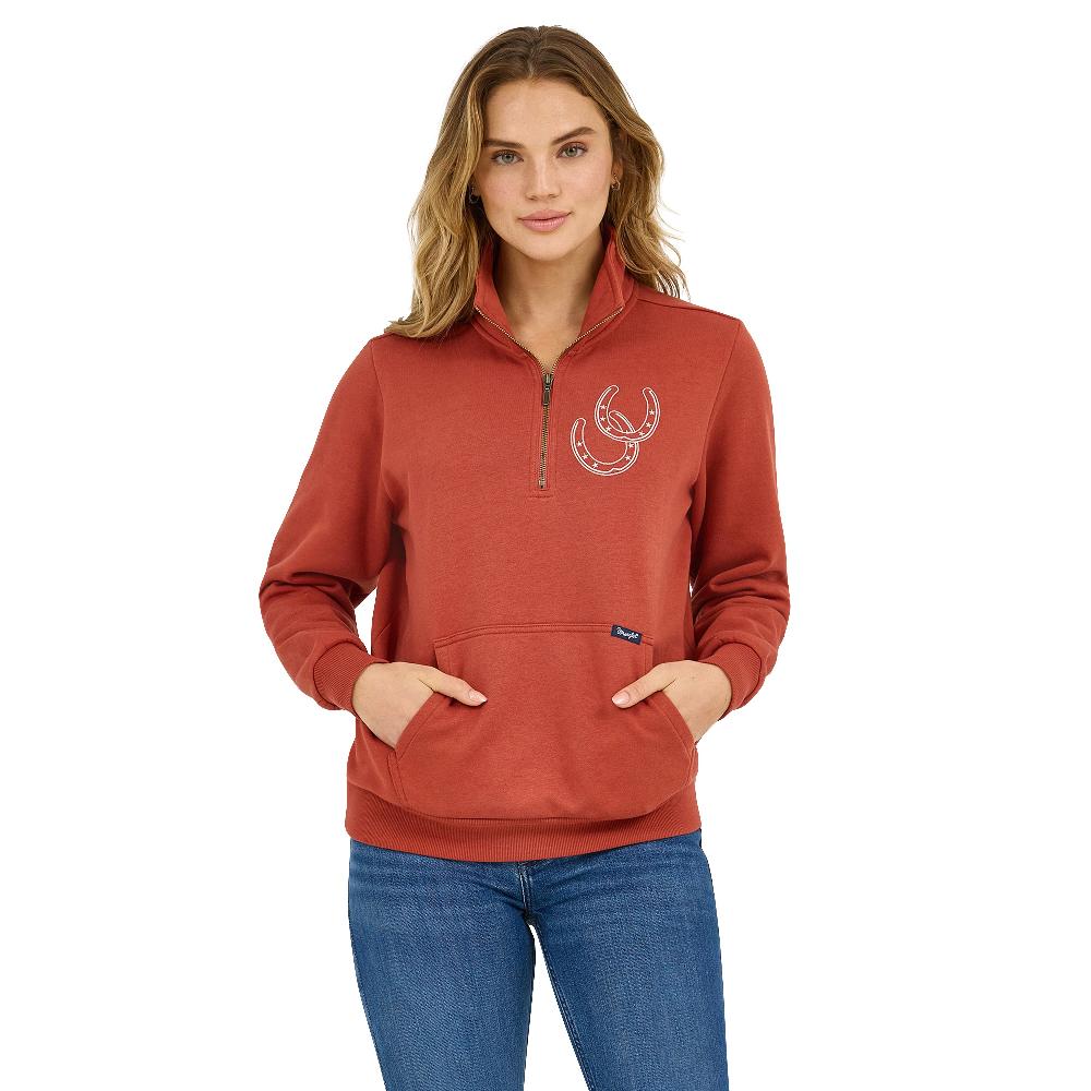 Wrangler Rust Western Quarter Zip Women's Sweatshirt with Horseshoe Graphic 112371636