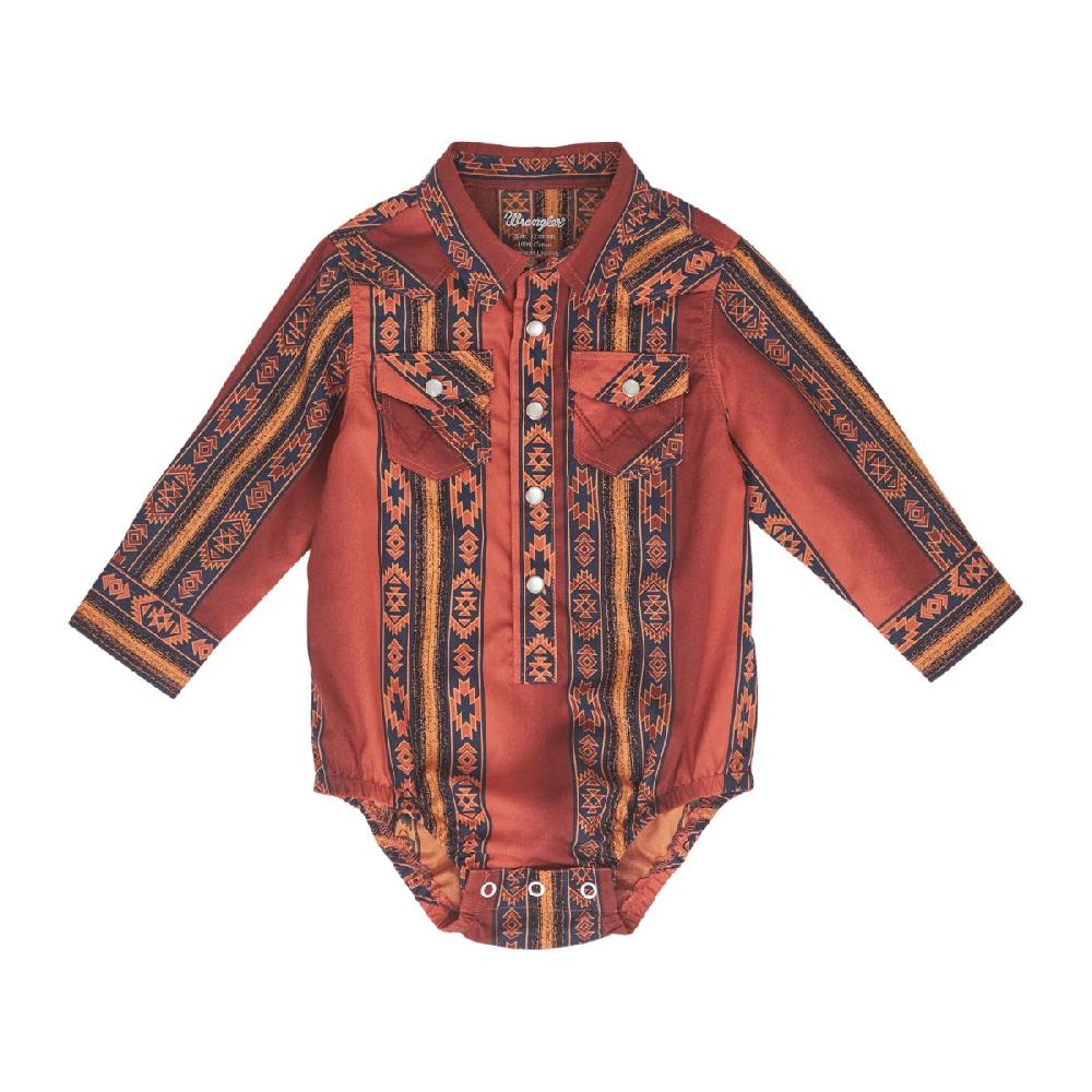 Wrangler Rust With Vertical Print Checotah Collared Long Sleeve Baby Onesie 112352766
