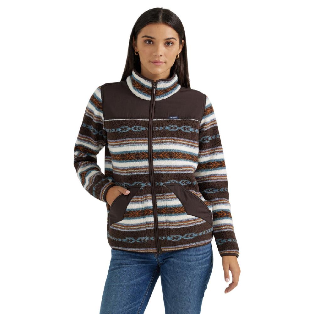 Wrangler Serape Brown Women's Southwestern Contrast Full Zip Sherpa Jacket 112356674