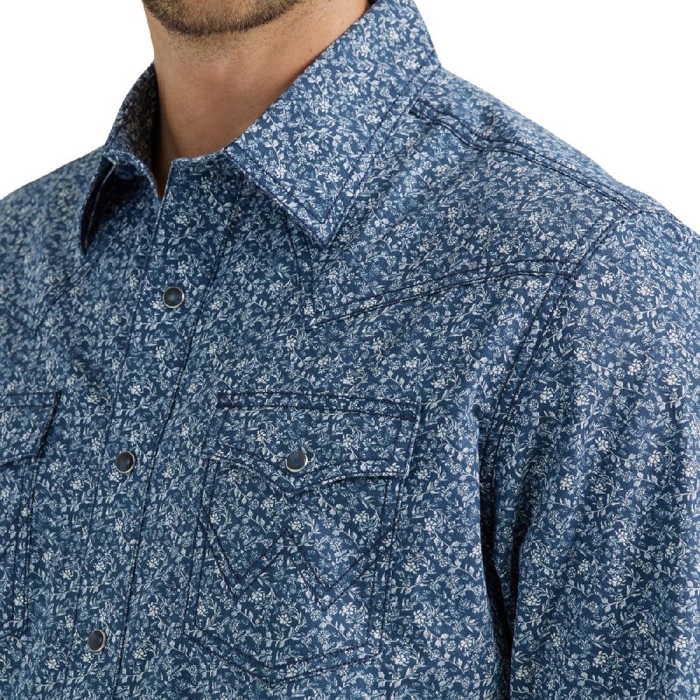 Wrangler Simply Navy With Print Retro Premium Men's Collared Long Sleeve Western Snap Shirt 112356586