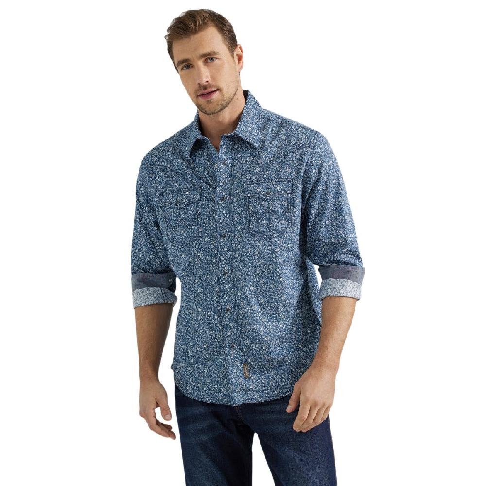 Wrangler Simply Navy with Print Retro Premium Men's Collared Long Sleeve Western Snap Shirt 112356586