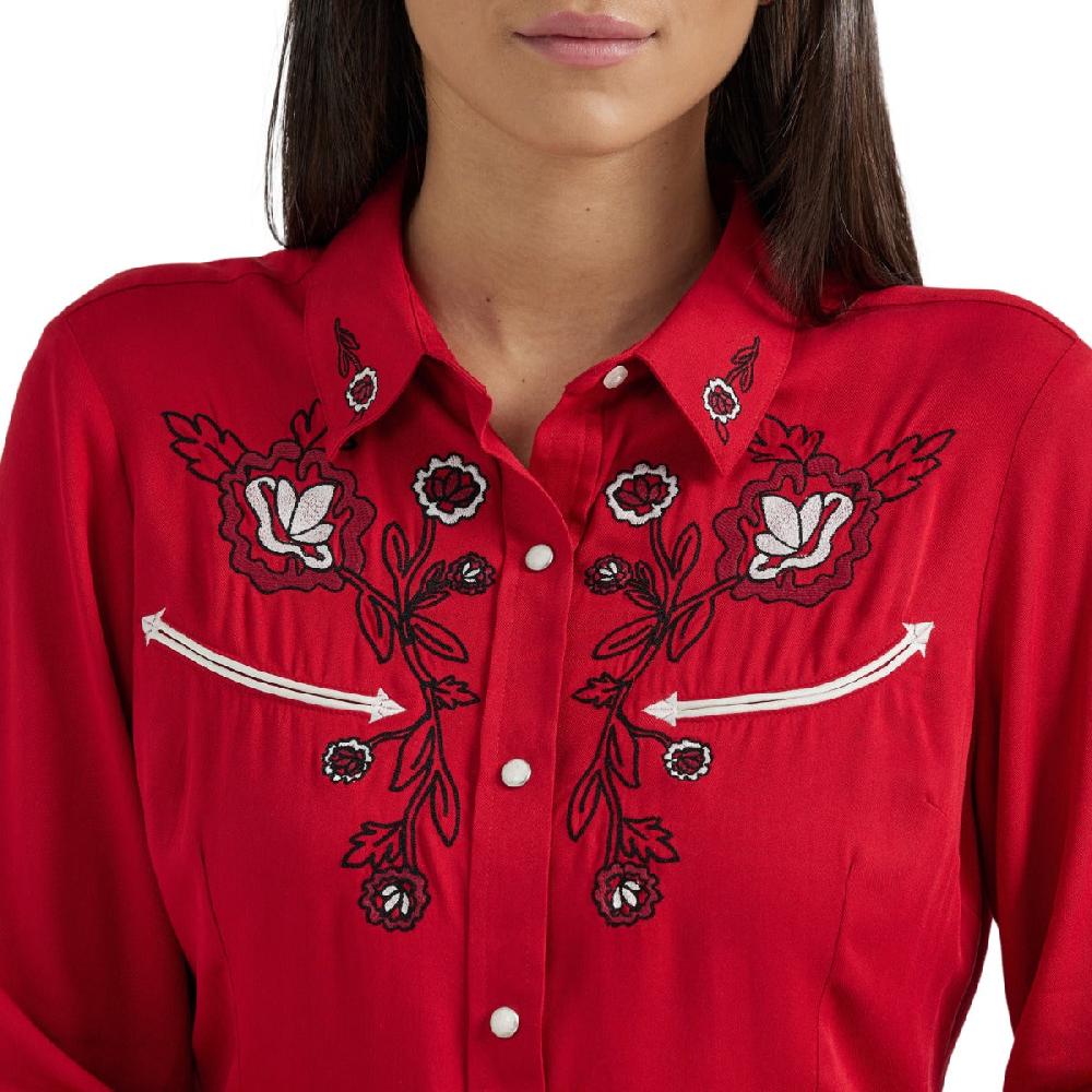 Wrangler Siren Red Women's Collared Embroidered Western Yoke Shirt 112356663