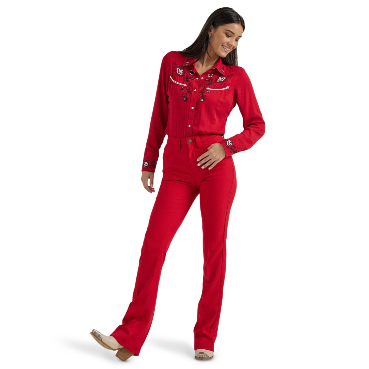 Wrangler Siren Red Women's Collared Embroidered Western Yoke Shirt 112356663