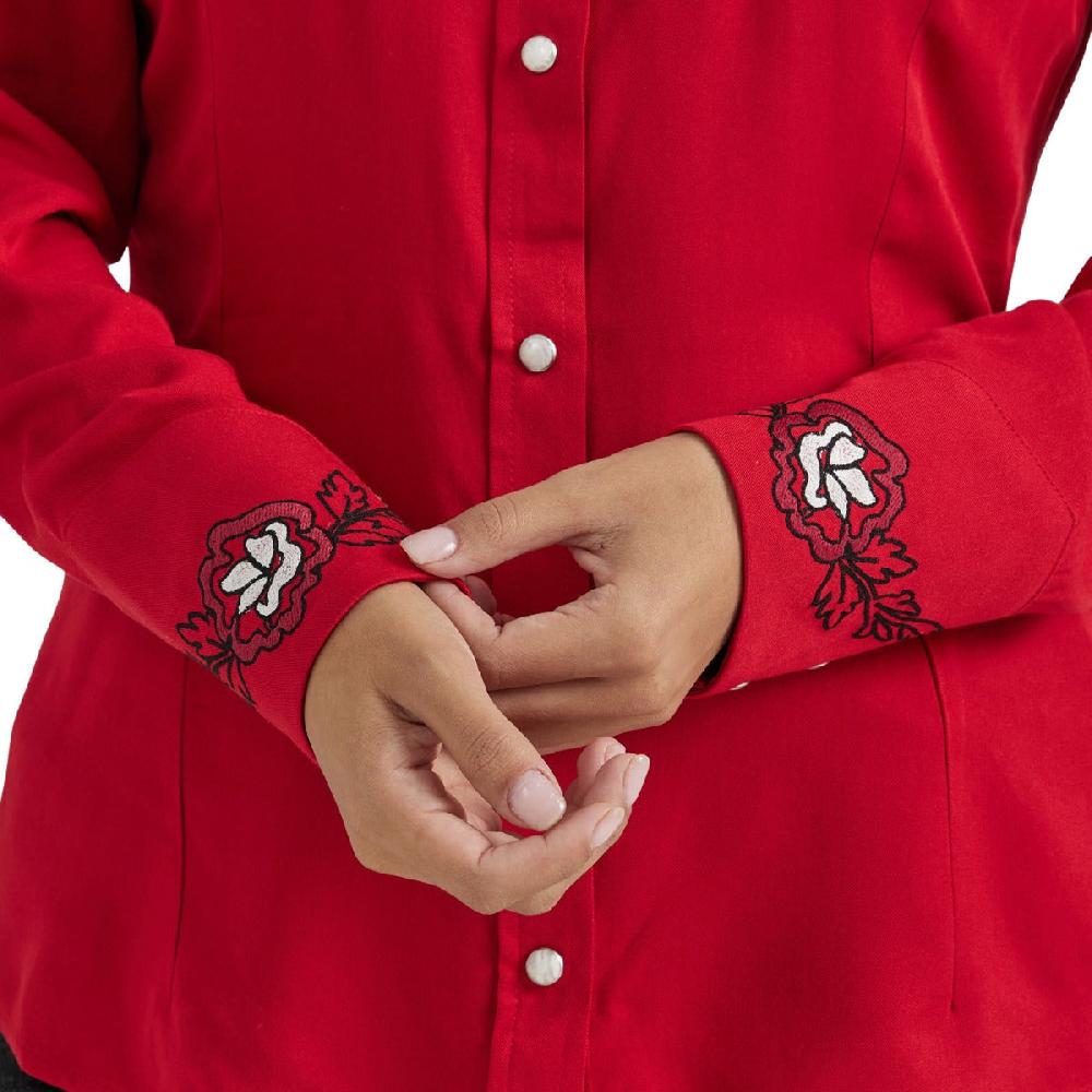 Wrangler Siren Red Women's Collared Embroidered Western Yoke Shirt 112356663