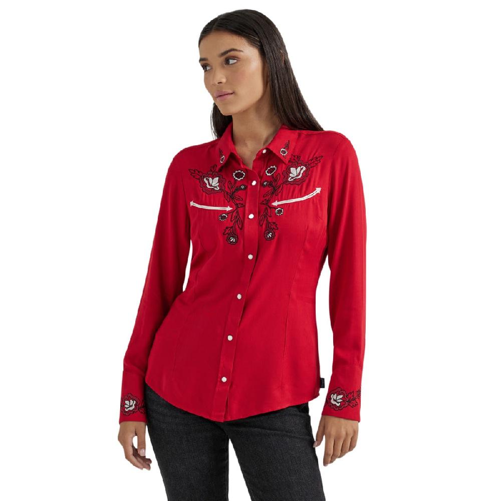 Wrangler Siren Red Women's Collared Embroidered Western Yoke Shirt 112356663