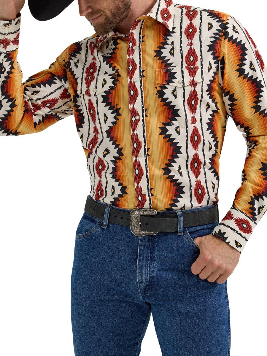 Wrangler Sunset Yellow with Print Checota Men's Collared Long Sleeve Snap Shirt 112355378