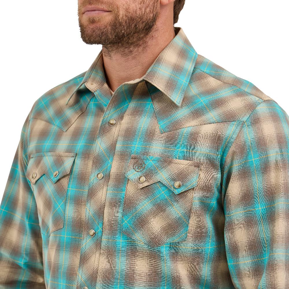 Wrangler Tan/Aqua Retro Long Sleeve Sawtooth Men's Collared Snap Pocket Longsleeve Western Shirt 112369551