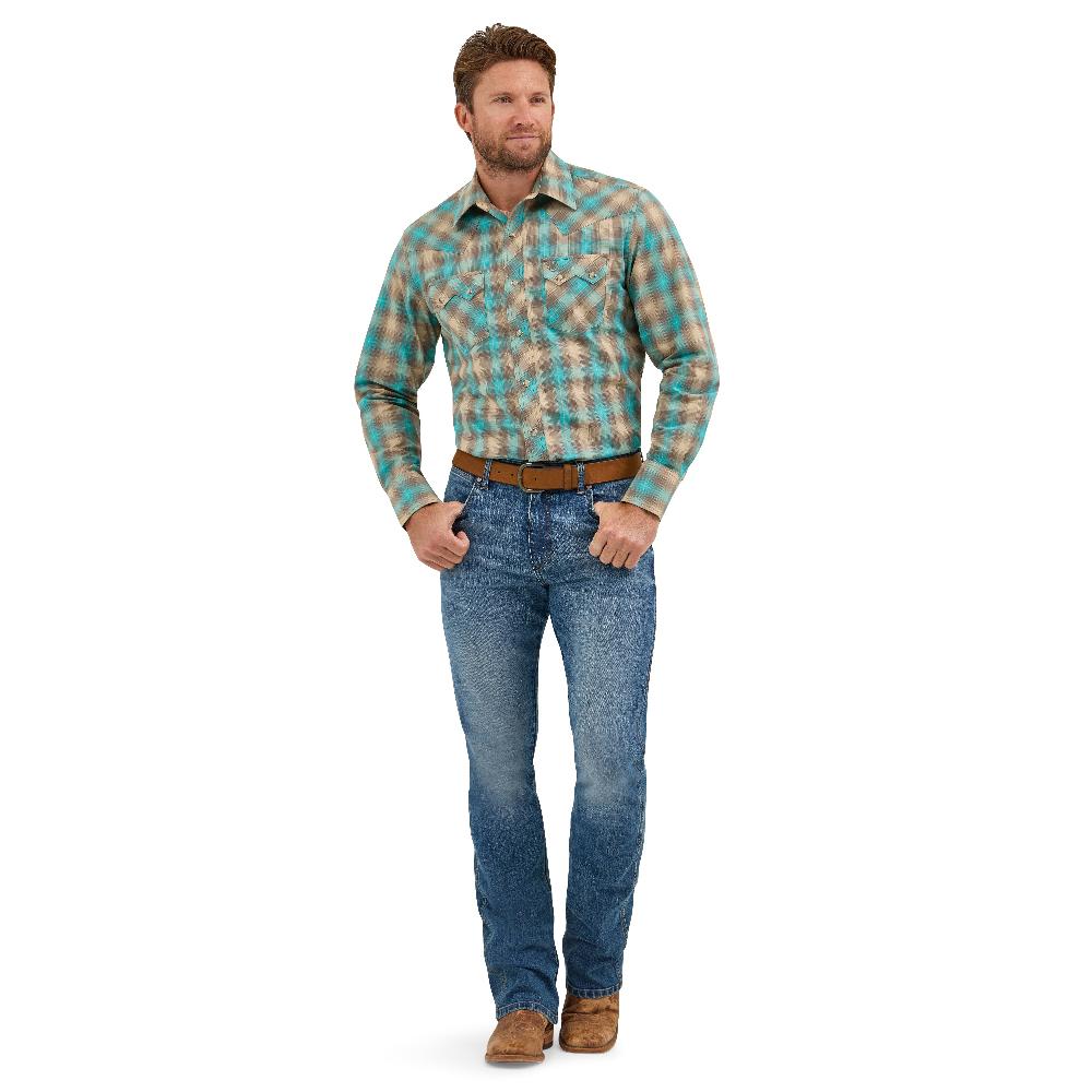 Wrangler Tan/Aqua Retro Long Sleeve Sawtooth Men's Collared Snap Pocket Longsleeve Western Shirt 112369551