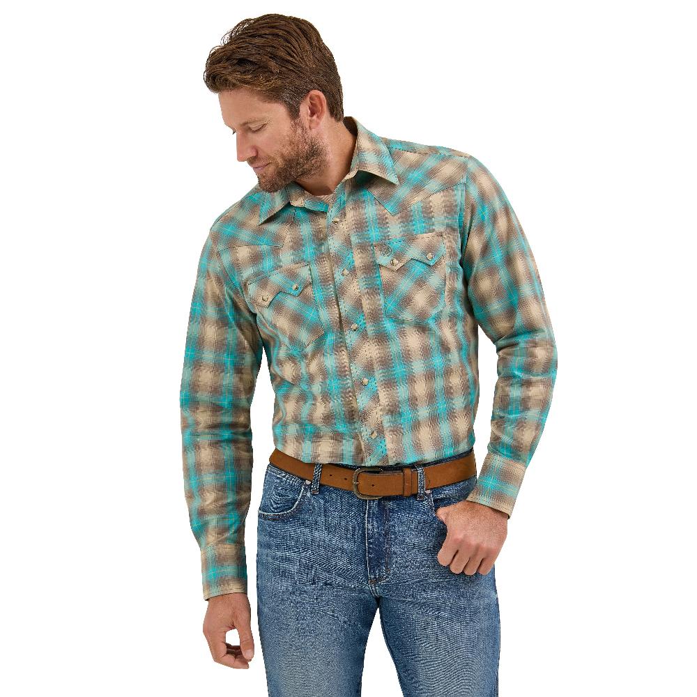 Wrangler Tan/Aqua Retro Long Sleeve Sawtooth Men's Collared Snap Pocket Longsleeve Western Shirt 112369551