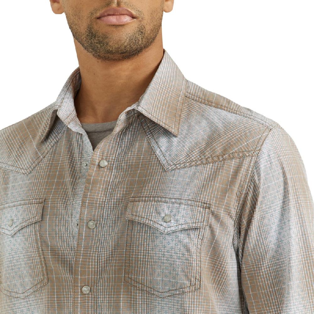 Wrangler Tan/Blue Plaid Retro Premium Men's Collared Longsleeve Western Snap Shirt 112352879