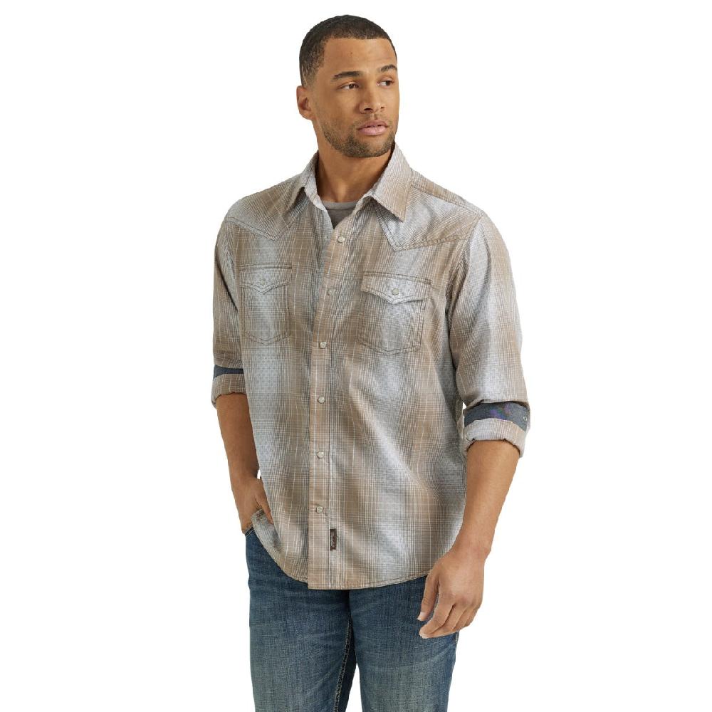 Wrangler Tan/Blue Plaid Retro Premium Men's Collared Longsleeve Western Snap Shirt 112352879
