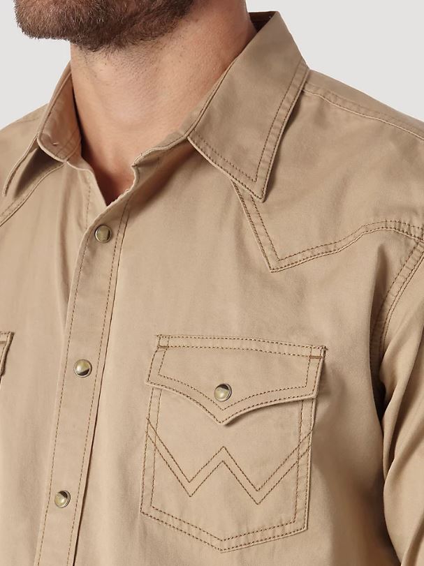 Wrangler Tan Contrast Trim Western Two Snap Flap Pocket Men's Long Sleeve Shirt MVR502T