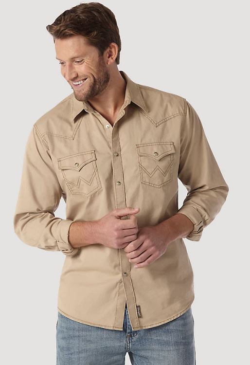 Wrangler Tan Contrast Trim Western Two Snap Flap Pocket Men's Long Sleeve Shirt MVR502T