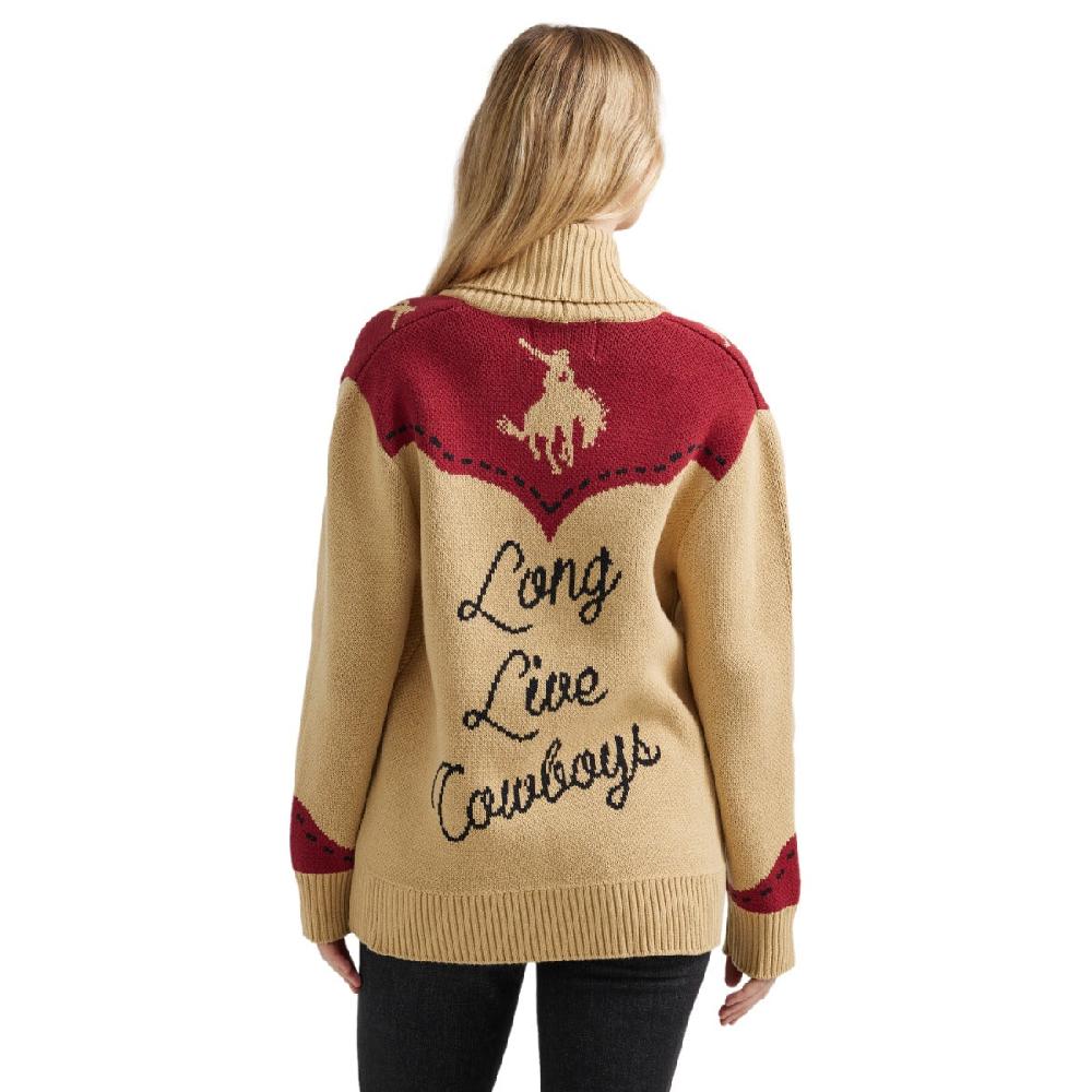 Wrangler Tan Long Live Cowboys Shawl Collar Women's Cardigan Sweater 112356699