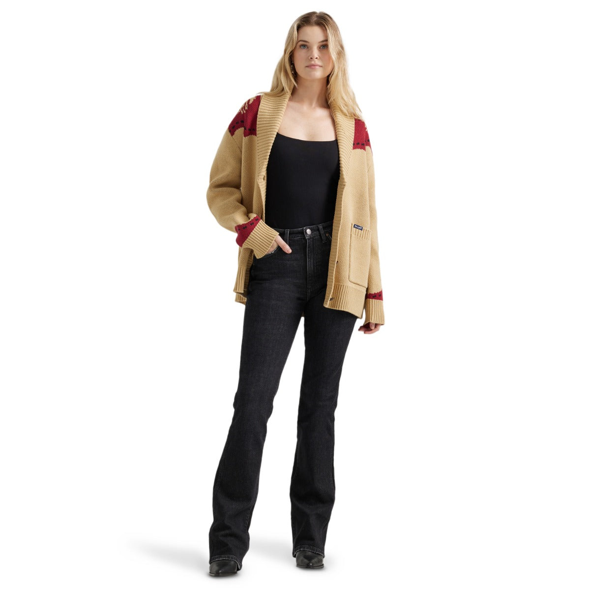 Wrangler Tan Long Live Cowboys Shawl Collar Women's Cardigan Sweater 112356699