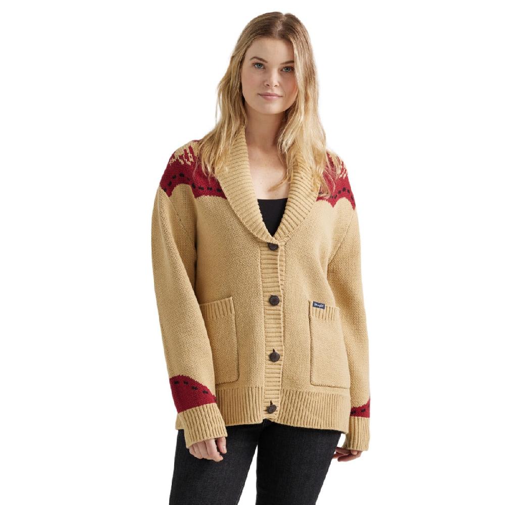 Wrangler Tan Long Live Cowboys Shawl Collar Women's Cardigan Sweater 112356699