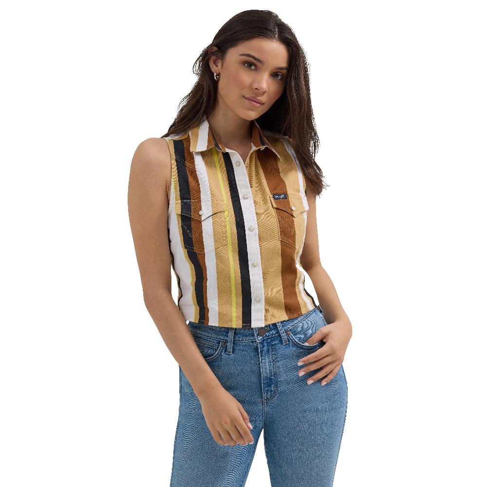 Wrangler Tan/White Stripe Brushpopper Stripe Slim Crop Women's Collared Snap Tap Tank 112362282