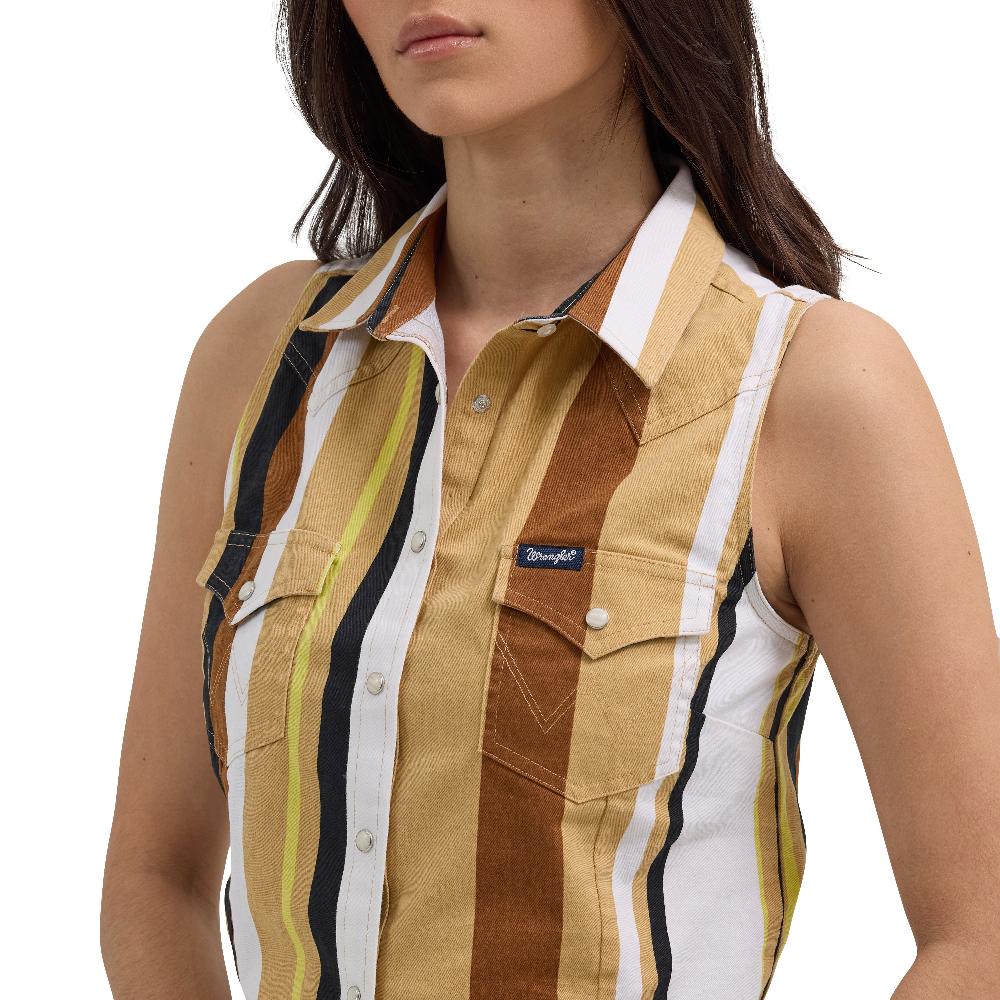 Wrangler Tan/White Stripe Brushpopper Stripe Slim Crop Women's Collared Snap Tap Tank 112362282