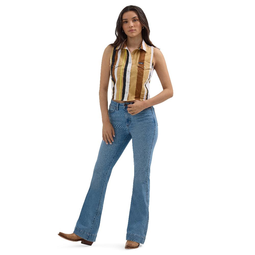 Wrangler Tan/White Stripe Brushpopper Stripe Slim Crop Women's Collared Snap Tap Tank 112362282