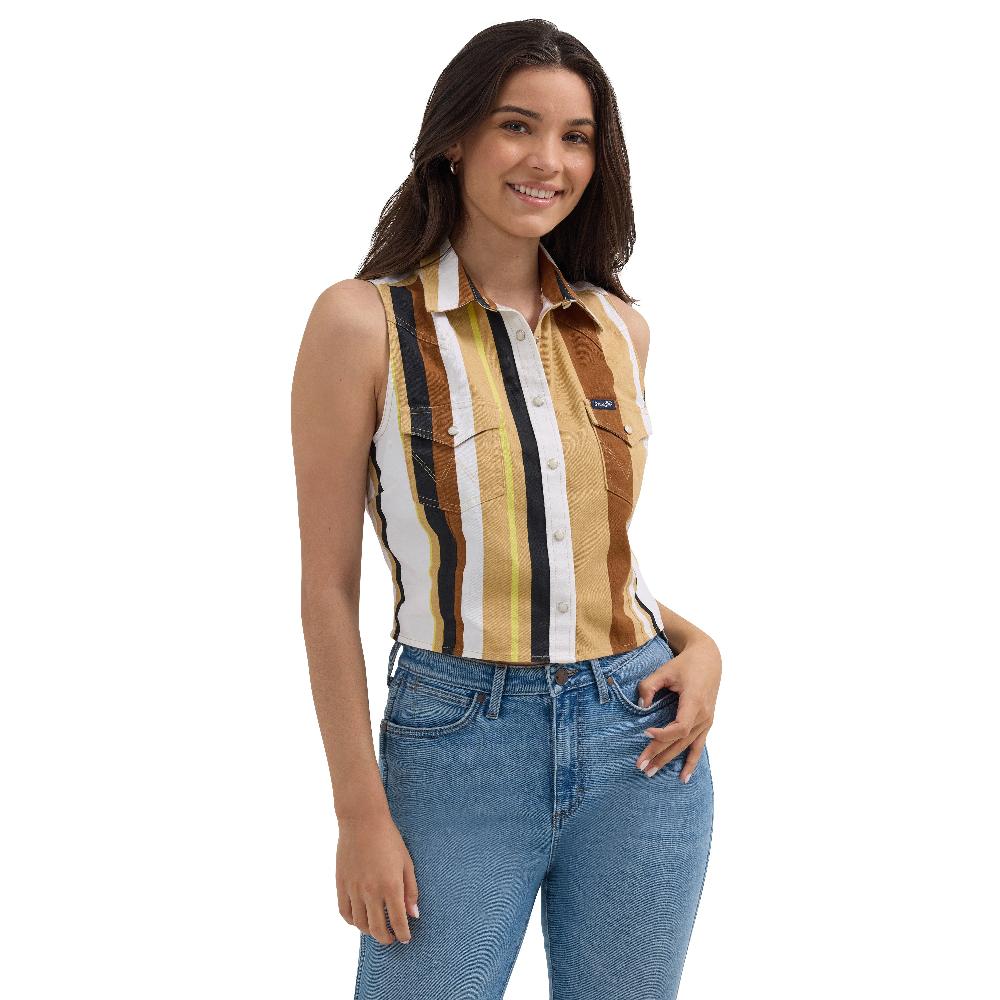 Wrangler Tan/White Stripe Brushpopper Stripe Slim Crop Women's Collared Snap Tap Tank 112362282
