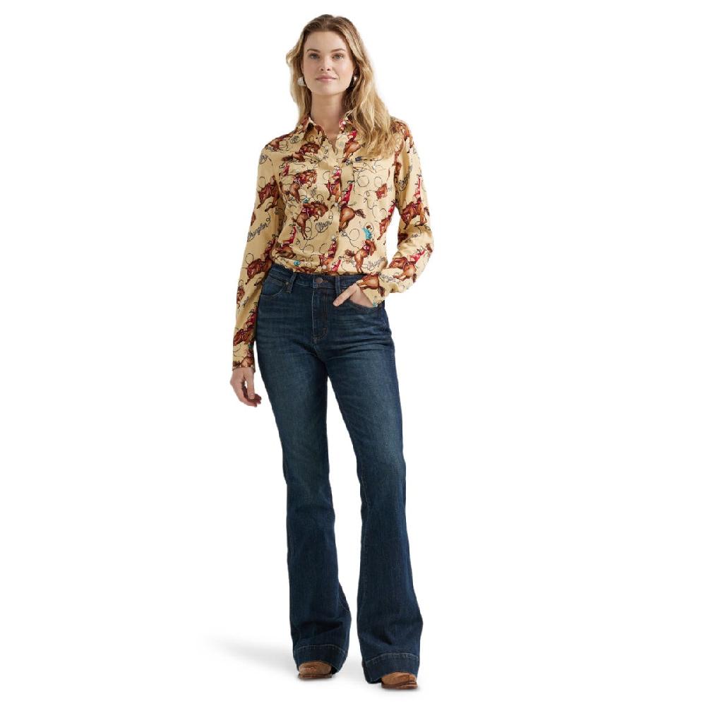 Wrangler Tan With Print Women's Collared Longsleeve Saddle Up Slim Fit Shirt 112356642