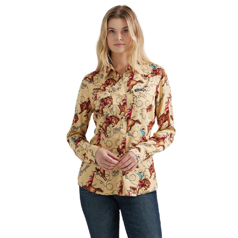 Wrangler Tan with Print Women's Collared Longsleeve Saddle Up Slim Fit Shirt 112356642