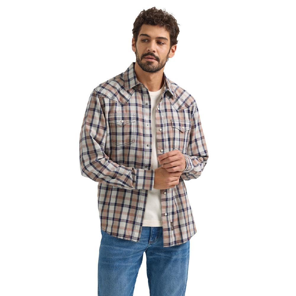 Wrangler Taupe Plaid Retro Premium Men's Spread Collar Modern Fit Longsleeve Shirt 112359911