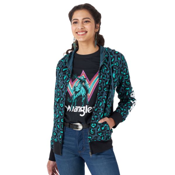 Wrangler Teal Animal Print Ladies Zip Hoodie With Sleeve Logo LWK496M