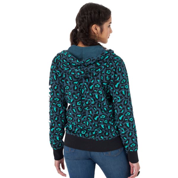 Wrangler Teal Animal Print Ladies Zip Hoodie With Sleeve Logo LWK496M