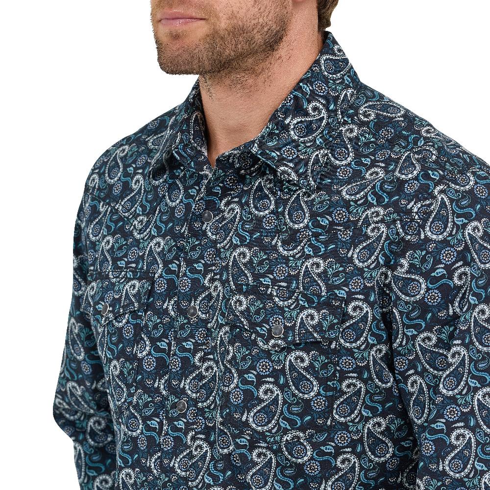Wrangler Teal Big Paisley Print Retro Premium Men's Collared Longsleeve Western Snap Shirt 112368224