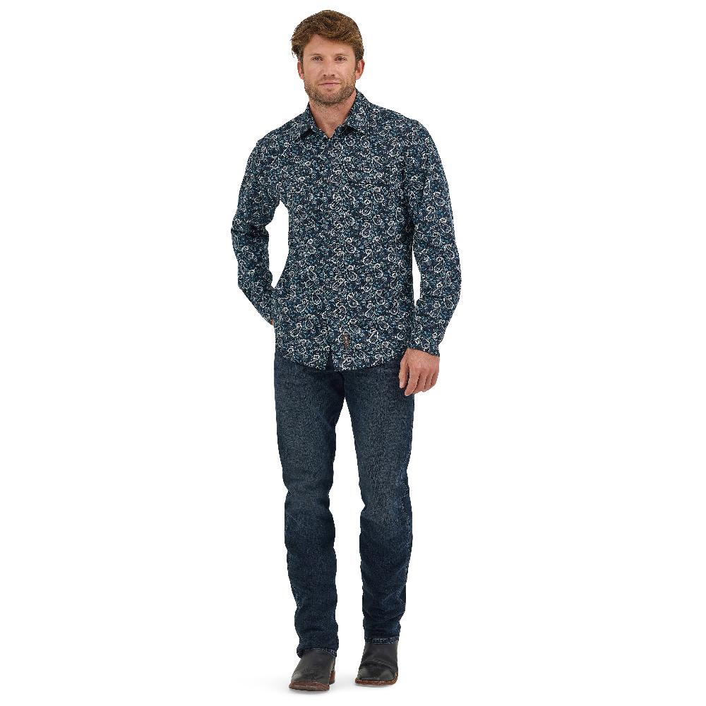 Wrangler Teal Big Paisley Print Retro Premium Men's Collared Longsleeve Western Snap Shirt 112368224