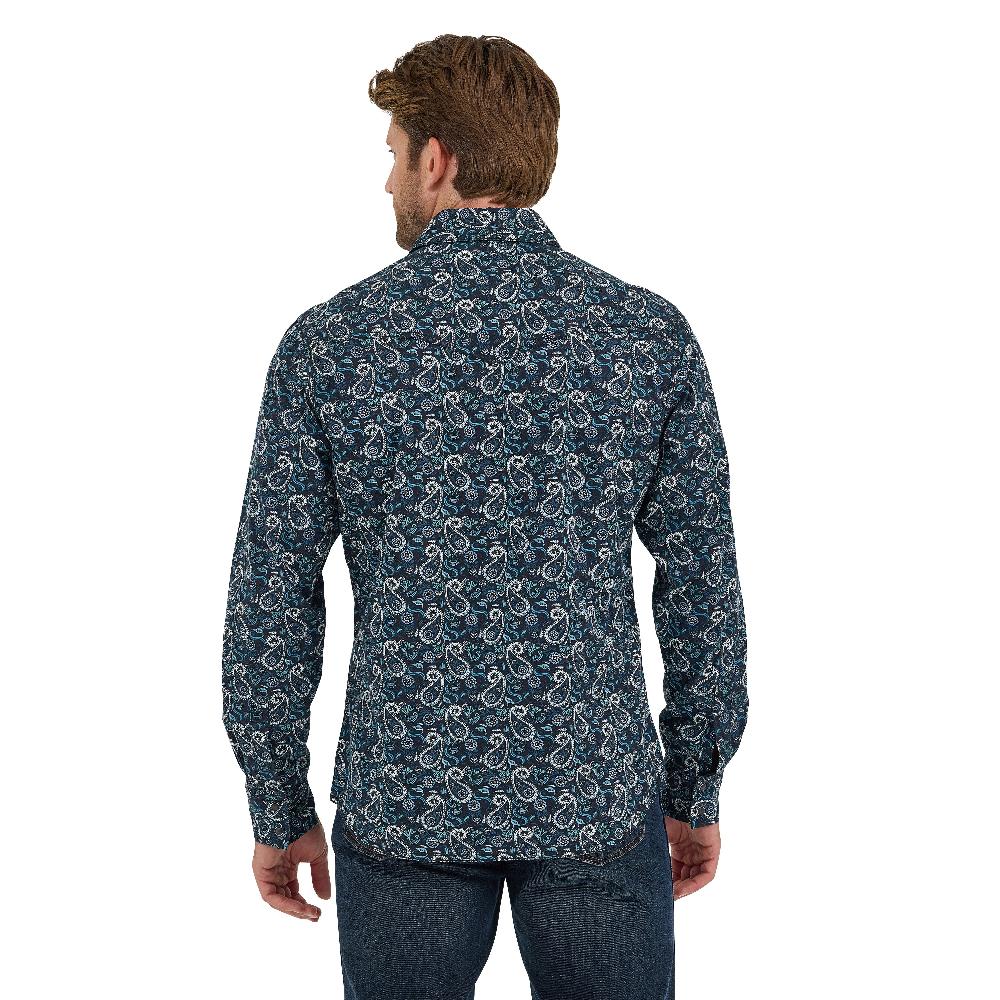 Wrangler Teal Big Paisley Print Retro Premium Men's Collared Longsleeve Western Snap Shirt 112368224