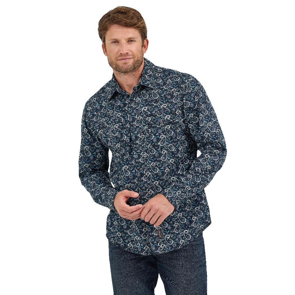 Wrangler Teal Big Paisley Print Retro Premium Men's Collared Longsleeve Western Snap Shirt 112368224