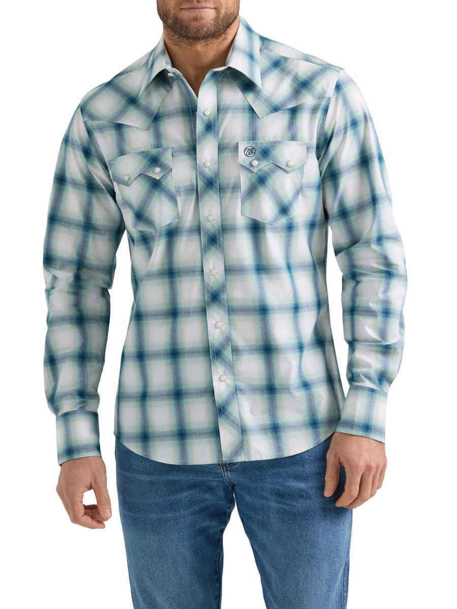 Wrangler Teal Blur Plaid Retro Men's Spread Collar Longsleeve Snap Shirt With Three Snap Cuff 112359587