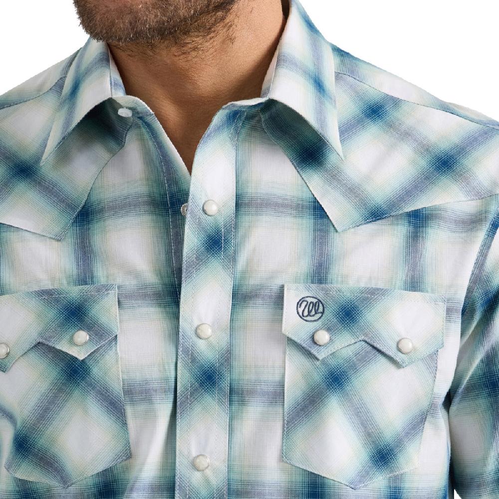 Wrangler Teal Blur Plaid Retro Men's Spread Collar Longsleeve Snap Shirt With Three Snap Cuff 112359587