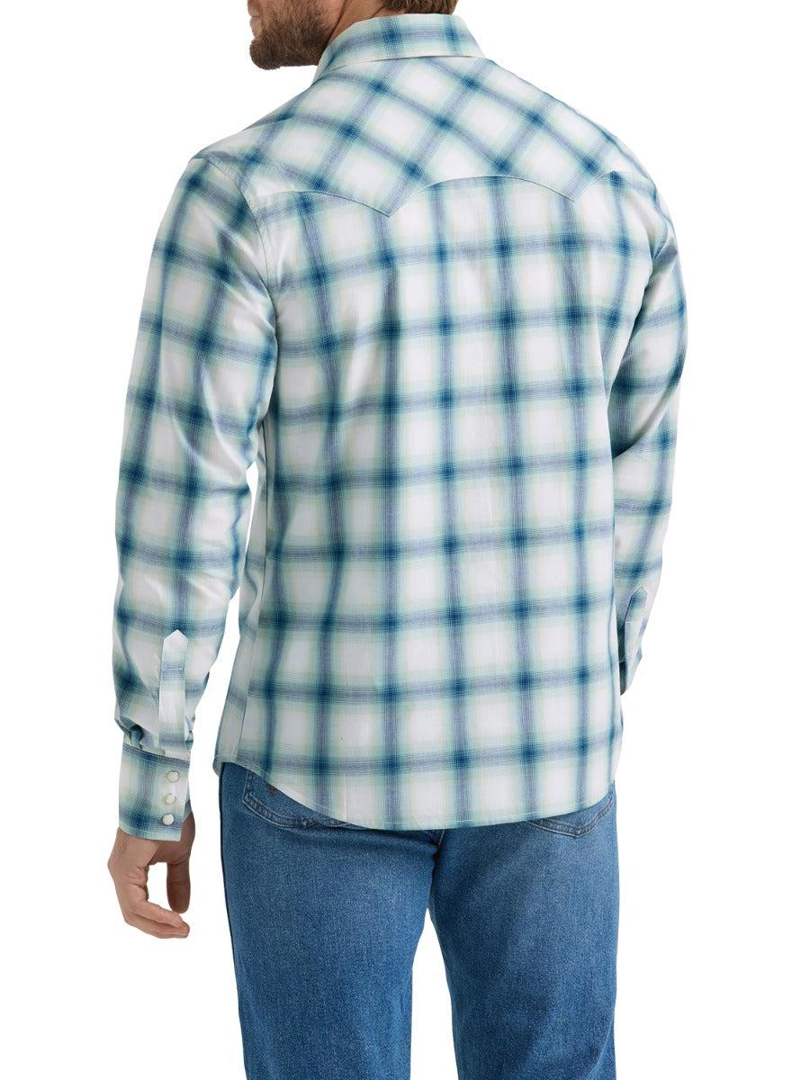 Wrangler Teal Blur Plaid Retro Men's Spread Collar Longsleeve Snap Shirt With Three Snap Cuff 112359587