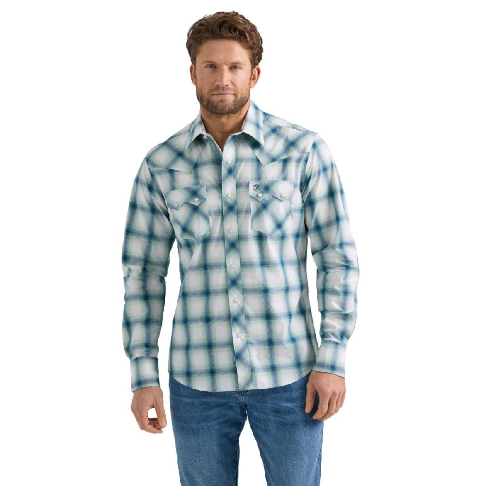 Wrangler Teal Blur Plaid Retro Men's Spread Collar Longsleeve Snap Shirt with Three Snap Cuff 112359587