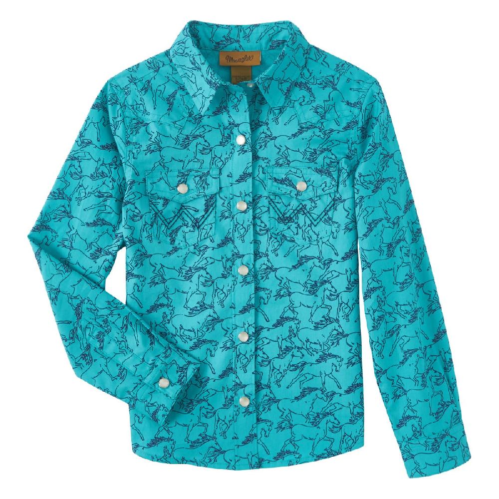 Wrangler Teal Cowgirl Horse Print Girl's Western Snap Shirt 112346585