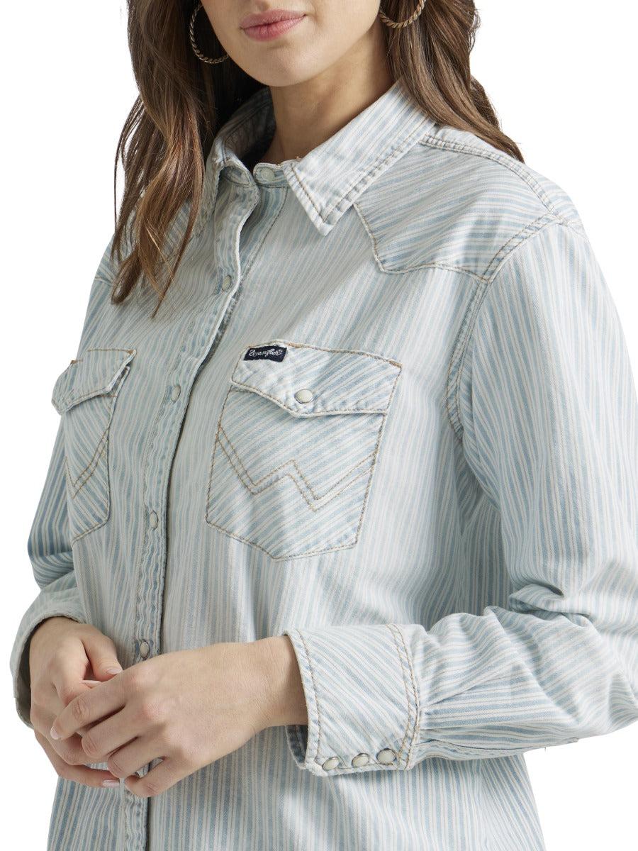 Wrangler Texture Stripe Retro Boyfriend Women's Collared Longsleeve Western Snap Shirt 112347209