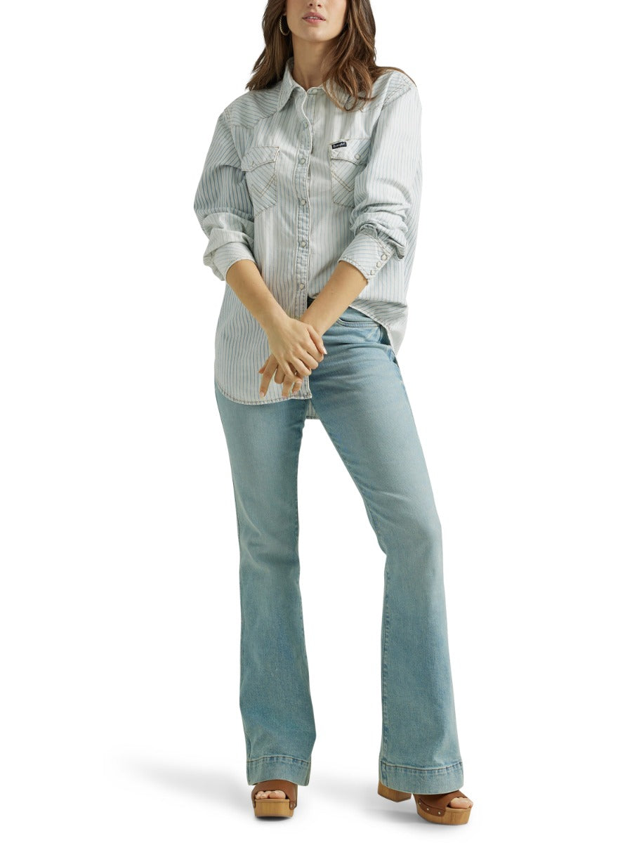 Wrangler Texture Stripe Retro Boyfriend Women's Collared Longsleeve Western Snap Shirt 112347209