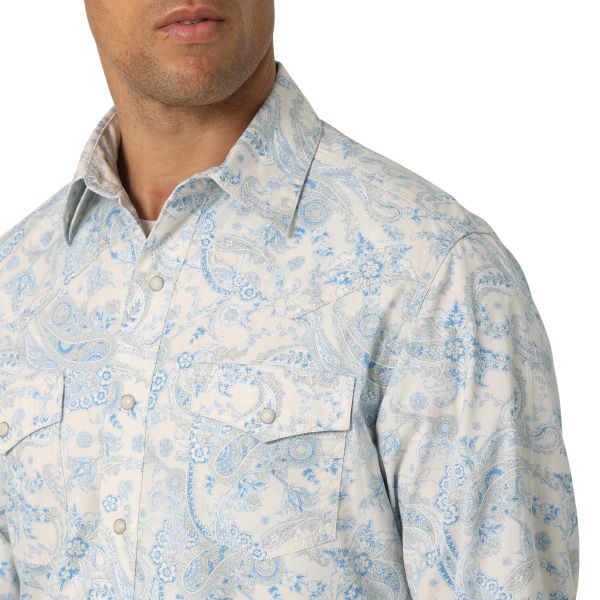 Wrangler Toile Blue Print Retro Premium Men's Long Sleeve Button Down Shirt 112327790