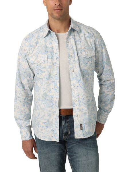 Wrangler Toile Blue Print Retro Premium Men's Long Sleeve Button Down Shirt 112327790