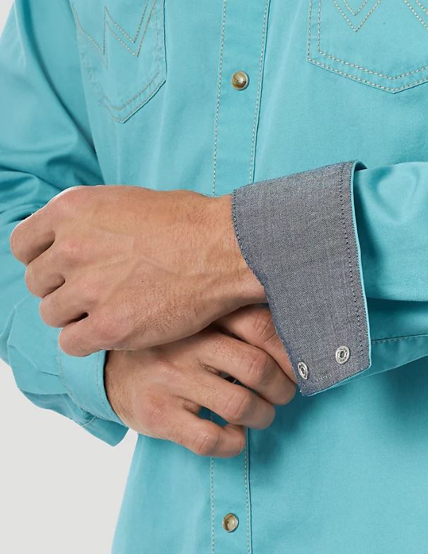 Wrangler Turquoise Contrast Trim Western Two Snap Flap Pocket Long Sleeve Men's Shirt MVR591Q