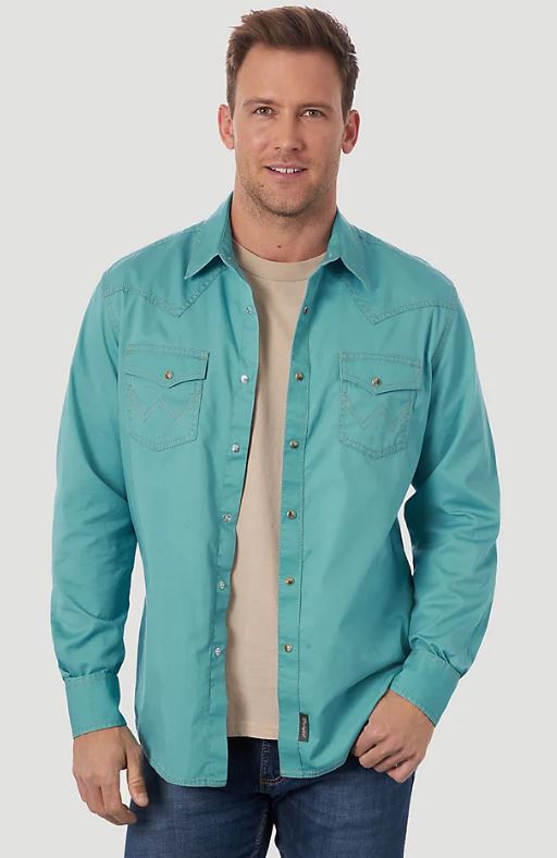 Wrangler Turquoise Contrast Trim Western Two Snap Flap Pocket Long Sleeve Men's Shirt MVR591Q