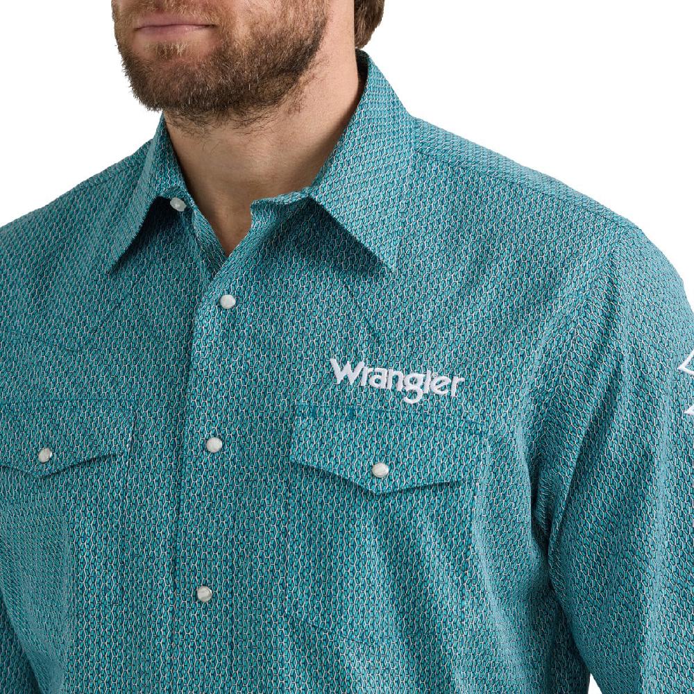 Wrangler Turquoise Plaid Collared Logo Longsleeve Button Western Shirt 112352384