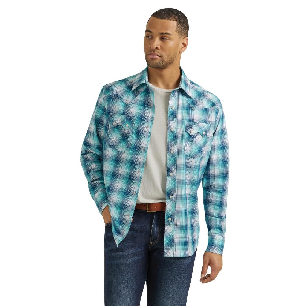 Wrangler Turquoise Plaid Retro Men's Collared Longsleeve Modern Fit Snap Shirt 112351878