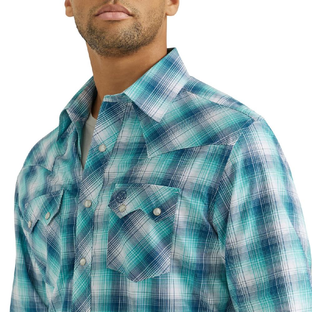 Wrangler Turquoise Plaid Retro Men's Collared Longsleeve Modern Fit Snap Shirt 112351878