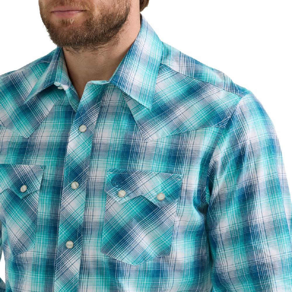 Wrangler Turquoise Plaid Retro Men's Collared Longsleeve Modern Fit Snap Shirt 112351878