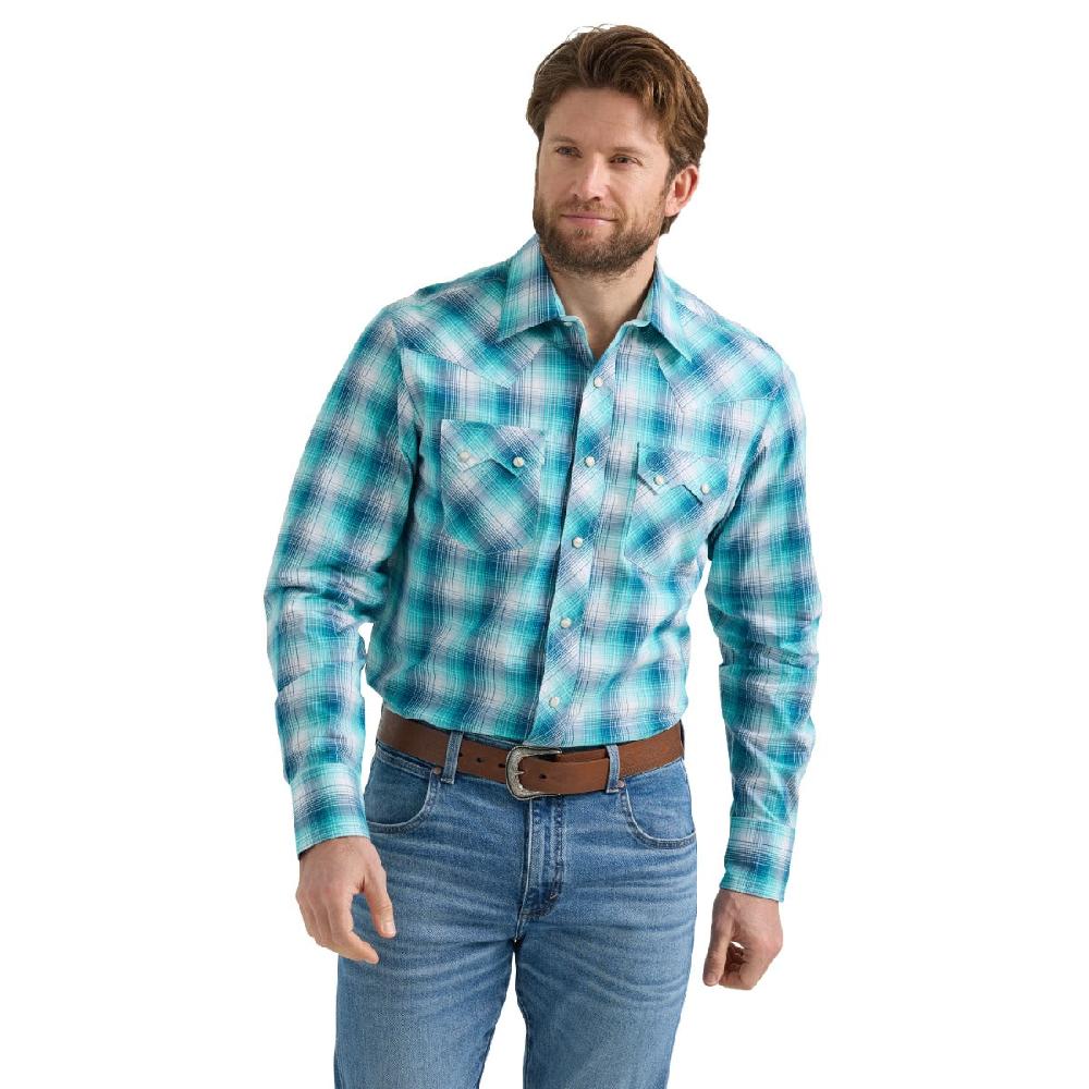 Wrangler Turquoise Plaid Retro Men's Collared Longsleeve Modern Fit Snap Shirt 112351878